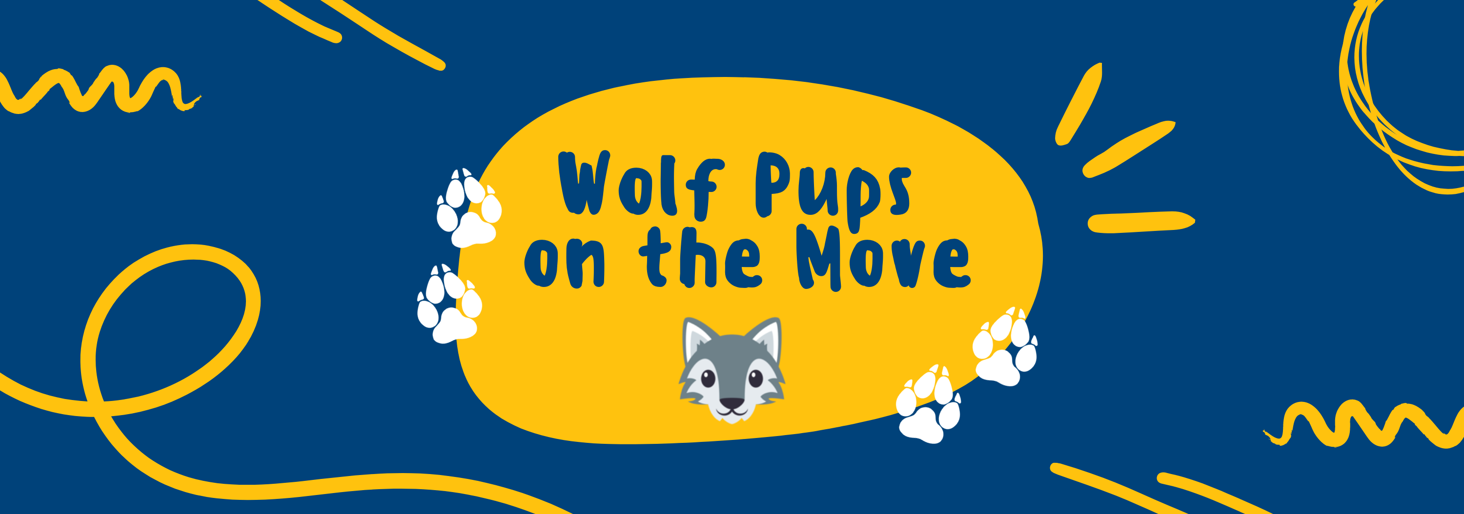 Blue and Yellow images that says "Wolf Pups on the Move"