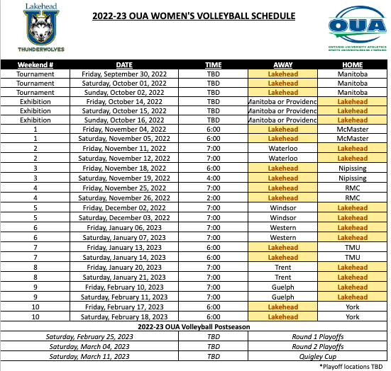 Women's Volleyball Schedule 20222023 Lakehead Athletics